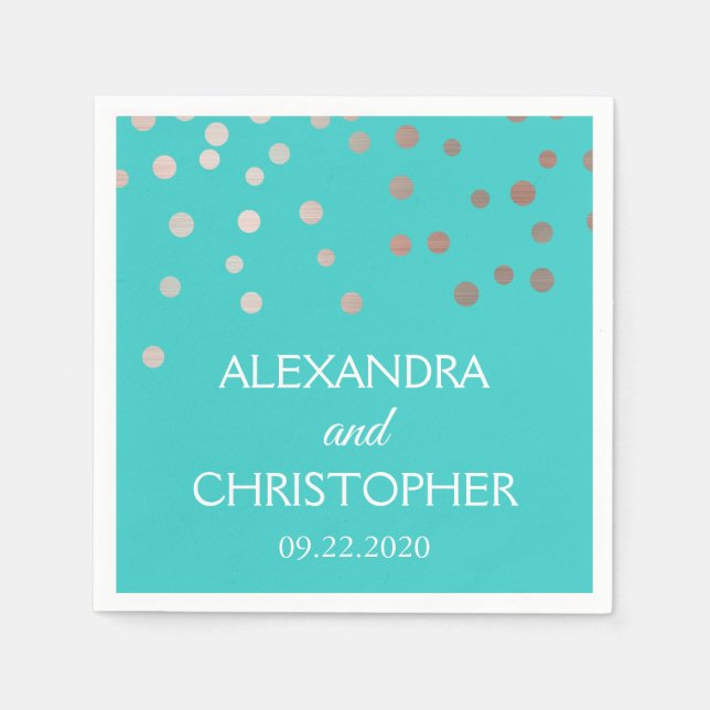 Serviette En Papier Turquoise et Rose Gold Foil Confetti Mariage (Devant)