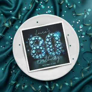 Serviette En Papier Turquoise Étincelant Diamant Noir 80e Anniversaire