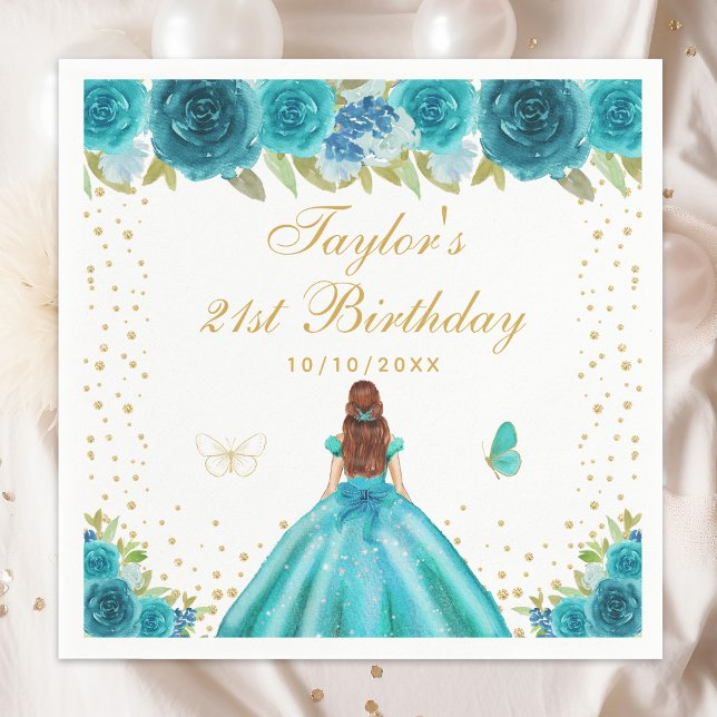 Serviette En Papier Turquoise Floral Brown Cheveux Princesse Anniversa (Créateur téléchargé)