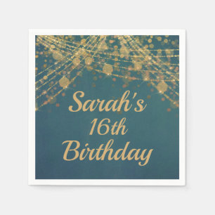 Serviette En Papier Turquoise Gold String éclaire Bokeh 16e anniversai