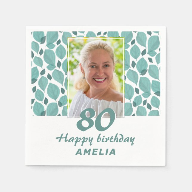 Serviette En Papier Turquoise Leaf Pattern 80th Birthday Party Photo (Devant)