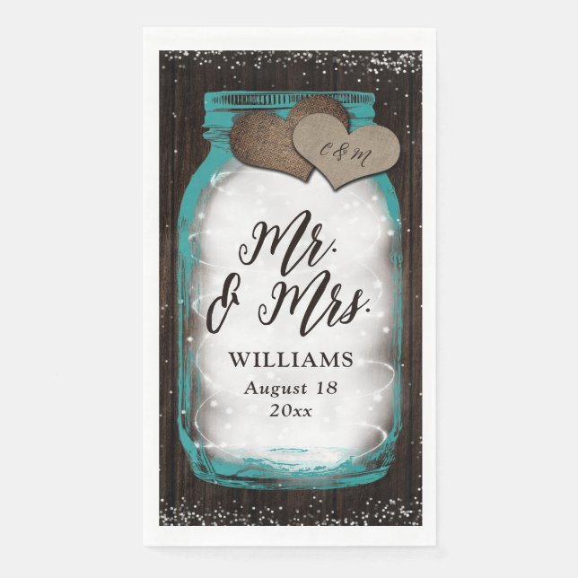 Serviette En Papier Turquoise Mason Jar Barn Wood M & Mme Mariage (Devant)