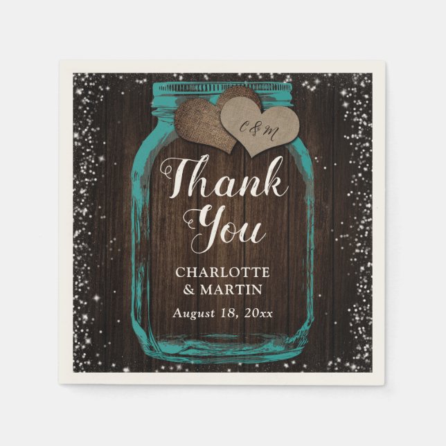 Serviette En Papier Turquoise Mason Jar Merci rustique  Mariage (Devant)