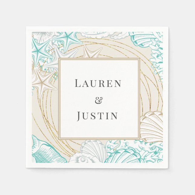 Serviette en papier turquoise Monogramme bord de m (Devant)