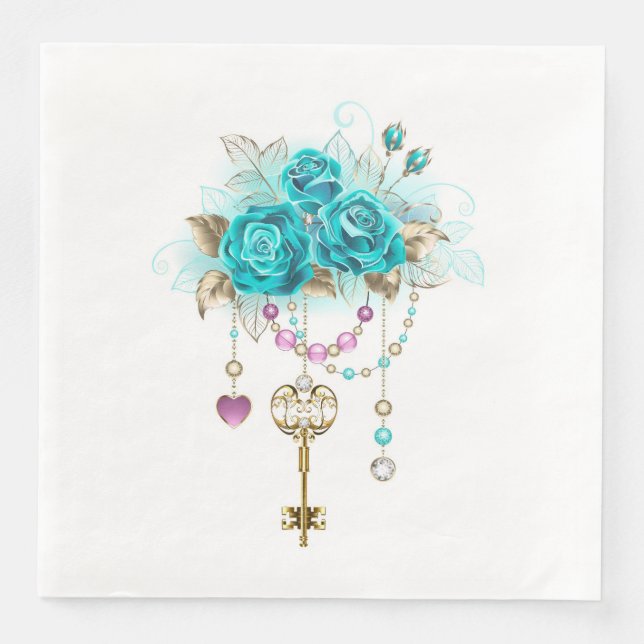 Serviette En Papier Turquoise Roses with Keys (Devant)