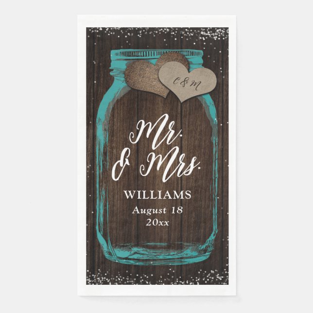 Serviette En Papier Turquoise Rustic Wood Mason Jar Mr & Mrs Mariage (Devant)
