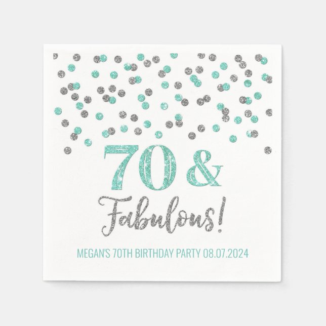 Serviette En Papier Turquoise Silver Confetti 70 & Fabuleux (Devant)