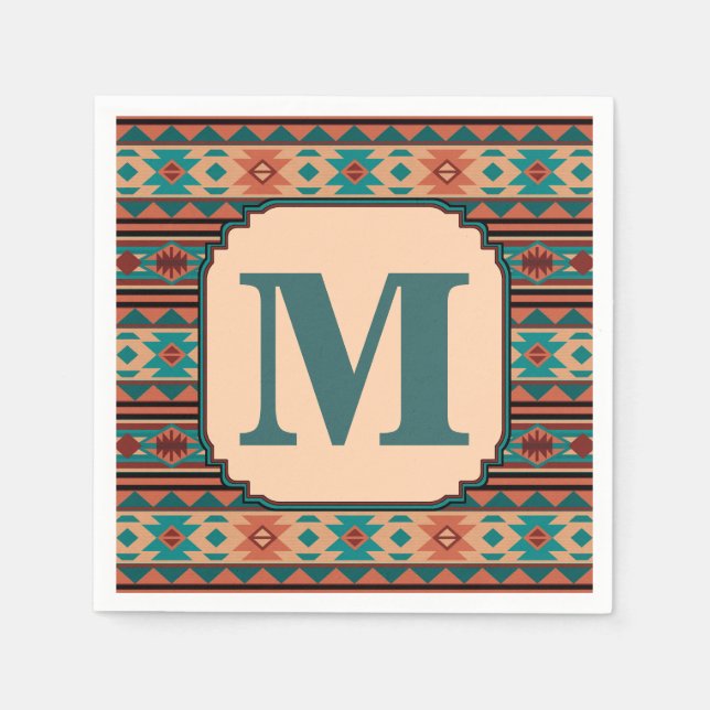 Serviette En Papier Turquoise Terracotta Monogram (Devant)