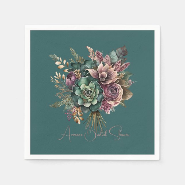 Serviette En Papier Turquoise Turquoise foncé Bourgogne Floral Bouquet (Devant)