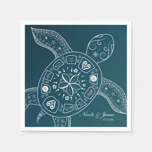 Serviette En Papier Turtle de la mer d'Hawaii blanc sur la plage Turqu (Devant)
