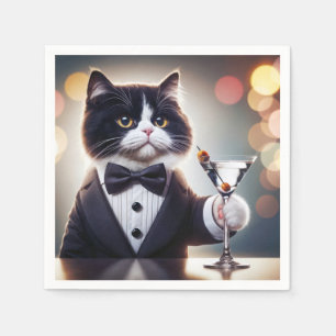 Serviette En Papier Tuxedo Chat Avec Cocktail Martini
