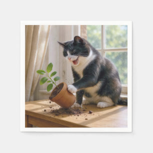 Serviette En Papier Tuxedo Chat renverser un Plante de maison en point