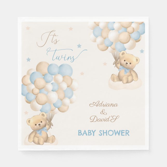 Serviette En Papier Twin Boys Blue Bear Balloons Baby shower (Devant)