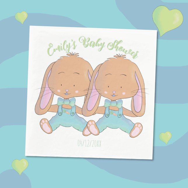 Serviette En Papier Twin Bunnies Baby shower Livre blanc Napkin (Twin bunnies spring baby shower paper napkins )