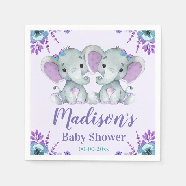 Serviette En Papier Twin Girl Elephant Baby shower serviettes Floral (Devant)