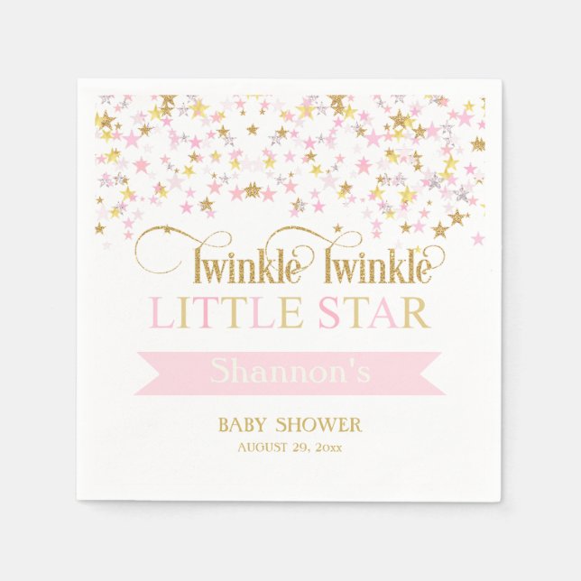 Serviette En Papier Twinkle Little Star Baby shower rose or (Devant)