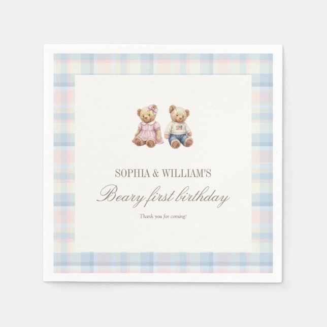 Serviette En Papier Twins Beary First Birthday Napkins | Pink Blue (Devant)