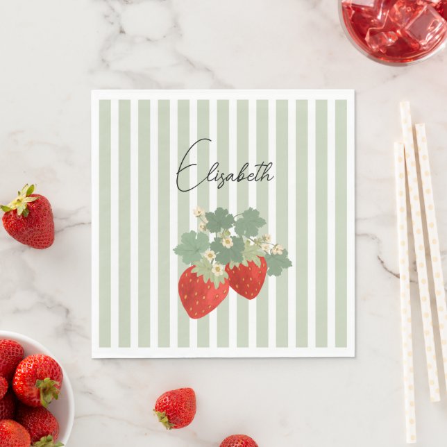 Serviette En Papier Two Red Strawberries Stripes & Flowers | Fruit (En situation)