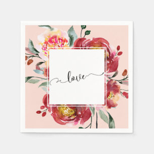Serviette En Papier Typographie de l'amour sur bouquet floral rouge et