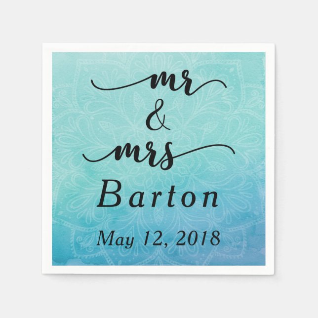 Serviette En Papier Typographie de mariage mandala sarcelle et bleu «  (Devant)