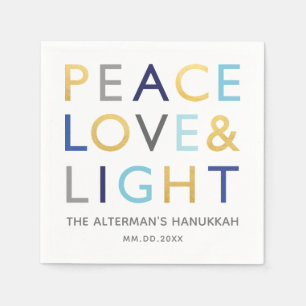 Serviette En Papier Typographie Love & Light Hanukkah Fête Or Bleu
