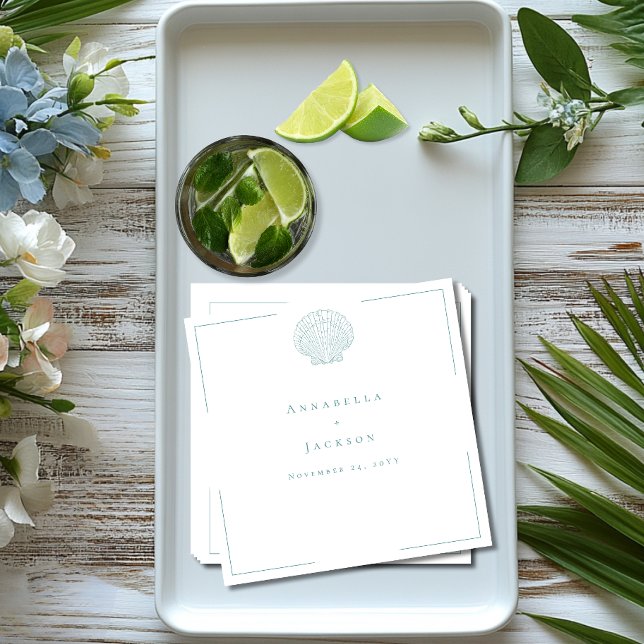 Serviette En Papier Typographie minimale Aqua & White Seashell Mariage (Minimal Typography Aqua & White Seashell Wedding Napkins)