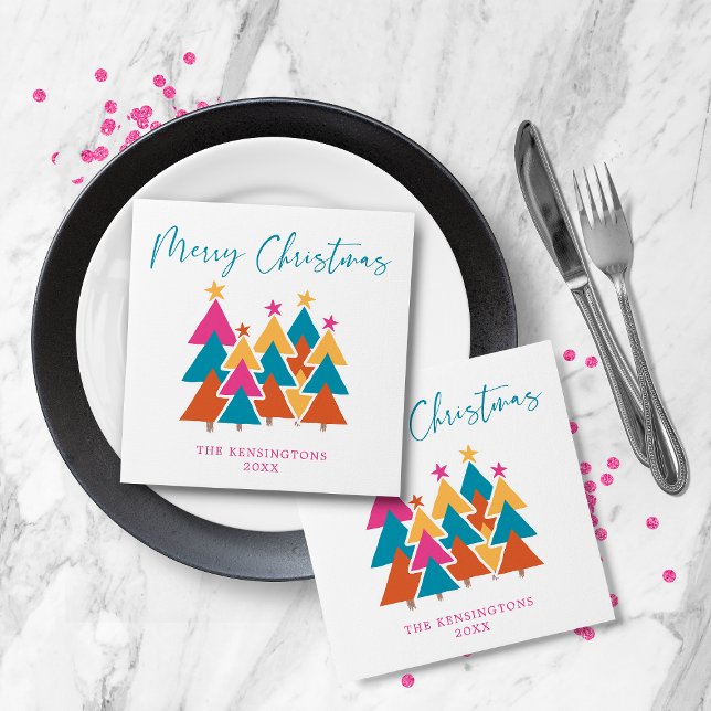 Serviette En Papier Typographie moderne des arbres de Noël colorés (Modern Colorful Christmas Trees Typography Napkins)