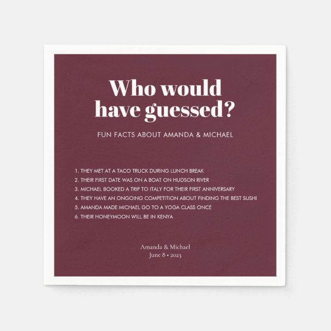 Serviette En Papier Typographie moderne Vin Rouge Mariage Fun Faits (Devant)