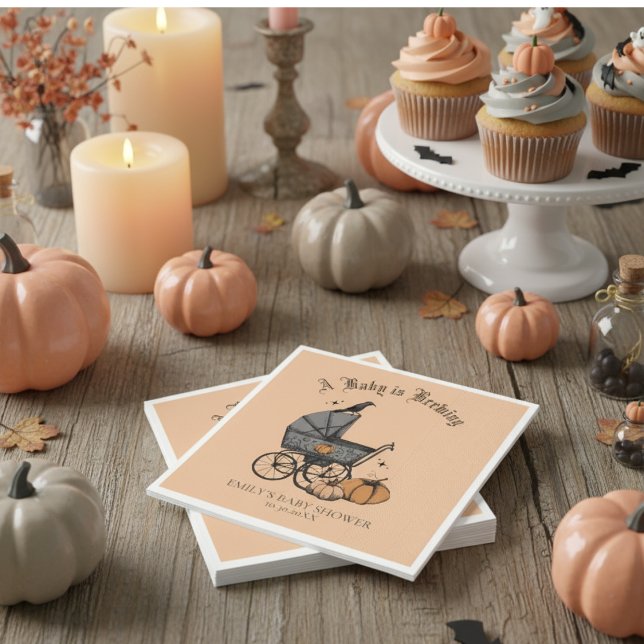 Serviette En Papier Un bébé brasse du Baby shower orange (A Baby is Brewing Napkins in Gender Neutral Pastel Orange for Halloween Baby Shower. Vintage Style)