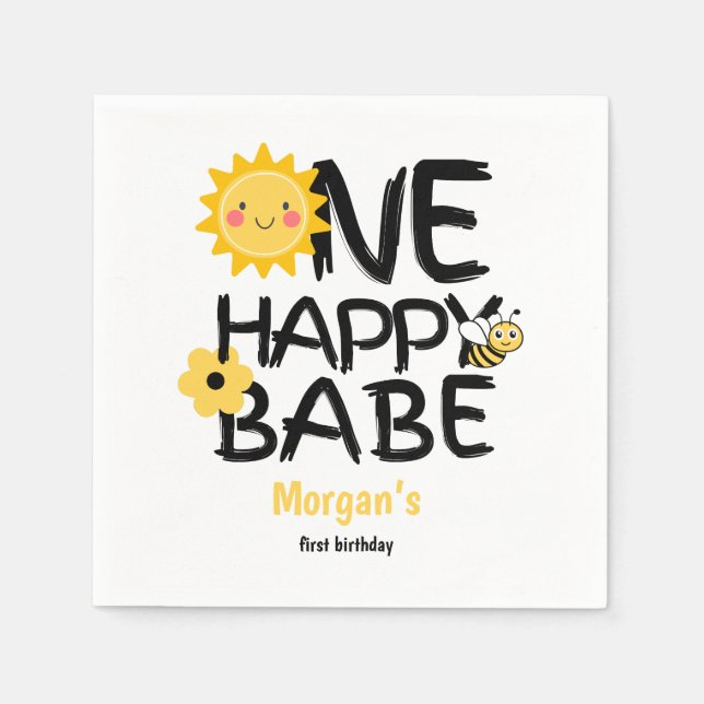 Serviette En Papier Un Bébé Jaune Sunny Bee Girls 1er anniversaire (Devant)