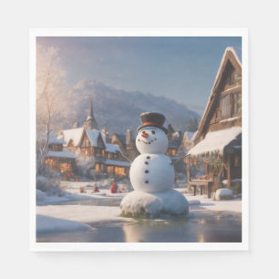Serviette En Papier Un bonhomme de neige sur glace dans un village de 