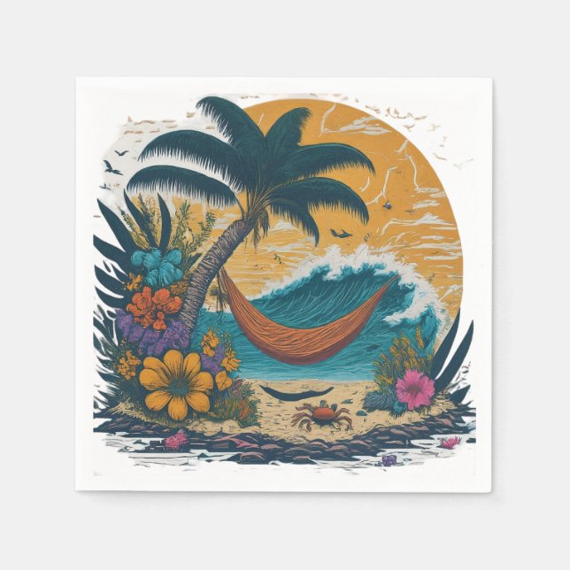 Serviette En Papier un cadre tranquille de plage de palmiers (Devant)