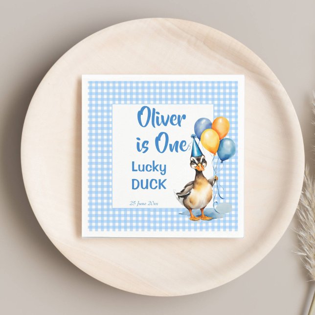 Serviette En Papier Un canard chanceux bleu en vichy anniversaire impr (One lucky duck blue gingham birthday party printed napkins template cute mallard duck balloons)