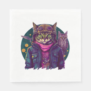 Serviette En Papier Un chat et un hibou 