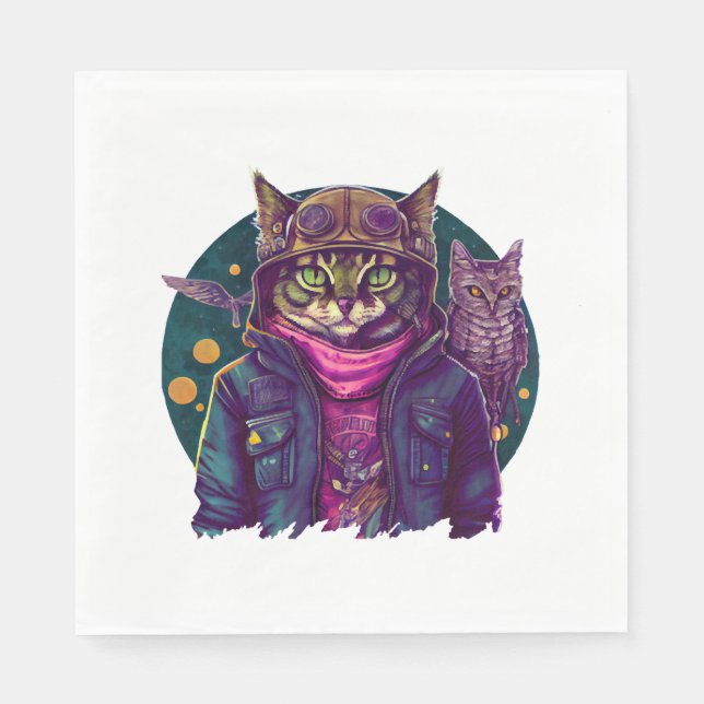 Serviette En Papier Un chat et un hibou  (Devant)