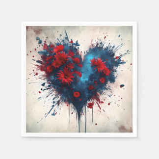 Serviette En Papier Un coeur bleu éclatant avec des fleurs rouges