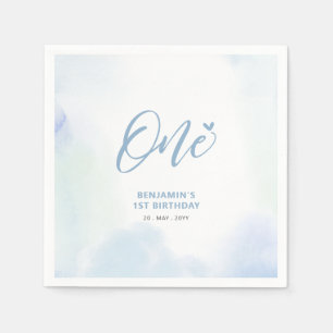 Serviette En Papier Un Cœur Bleu et Garçon à l'aquarelle 1er Anniver