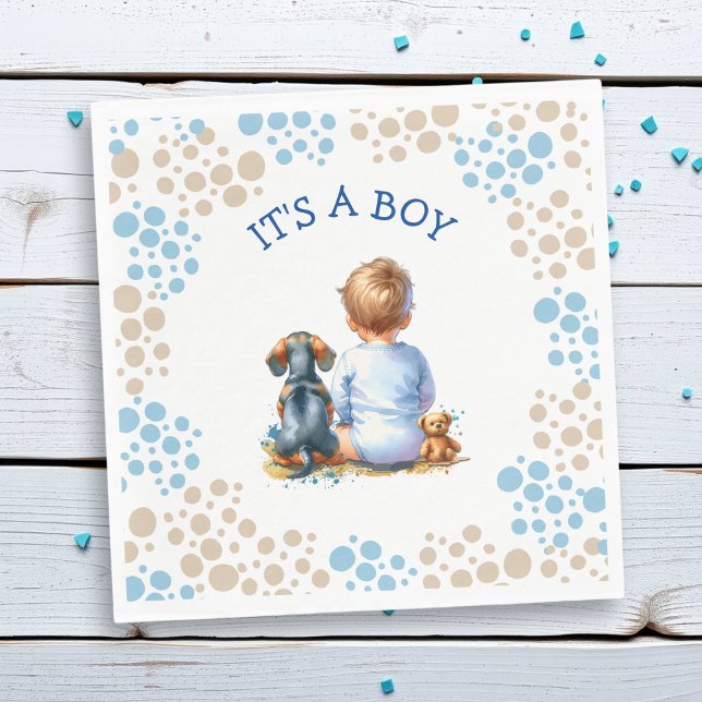Serviette En Papier Un garçon | Baby shower bébé et chiot de Dachshund (Créateur téléchargé)