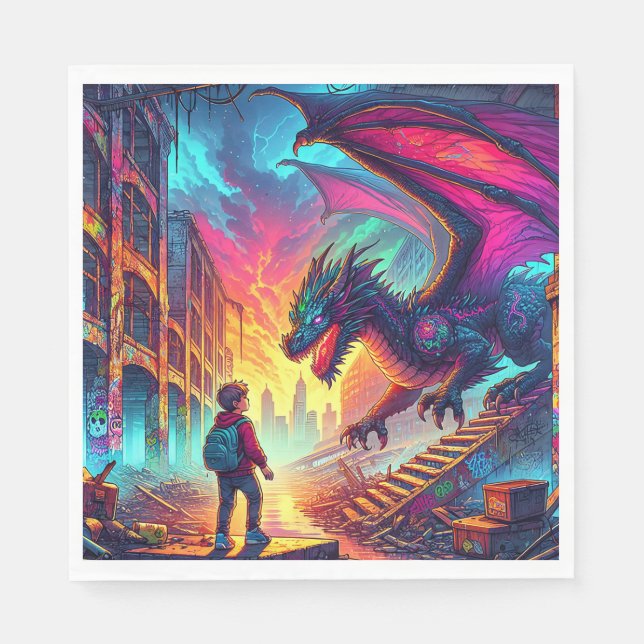 Serviette En Papier Un garçon rencontre un dragon dans un monde dystop (Devant)