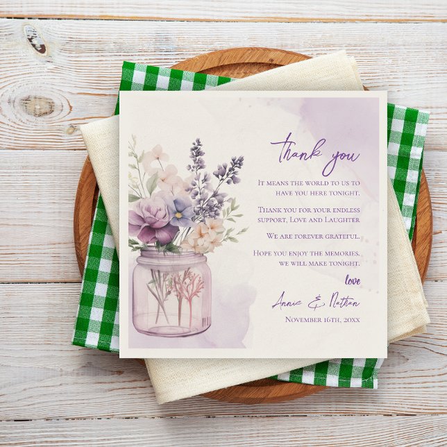 Serviette En Papier Un joli message de Merci de Mariage Floral Violet (Pretty Purple Floral Wedding Thank you Message Napkins)