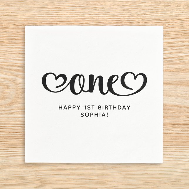 Serviette En Papier Un joli script Cœurs pour le 1er anniversaire (One Cute Hearts Script 1st Birthday Napkins)