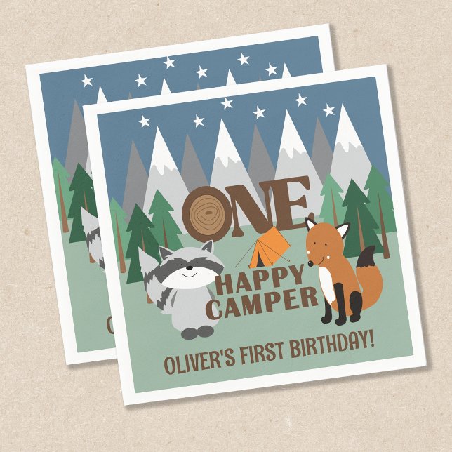 Serviette En Papier Un Joyeux Camper mignon Animaux de la forêt Favori (ONE Happy Camper 1st Birthday Napkins - customizable )