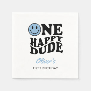 Serviette En Papier Un joyeux Dude Blue Retro Happy Face 1er anniversa