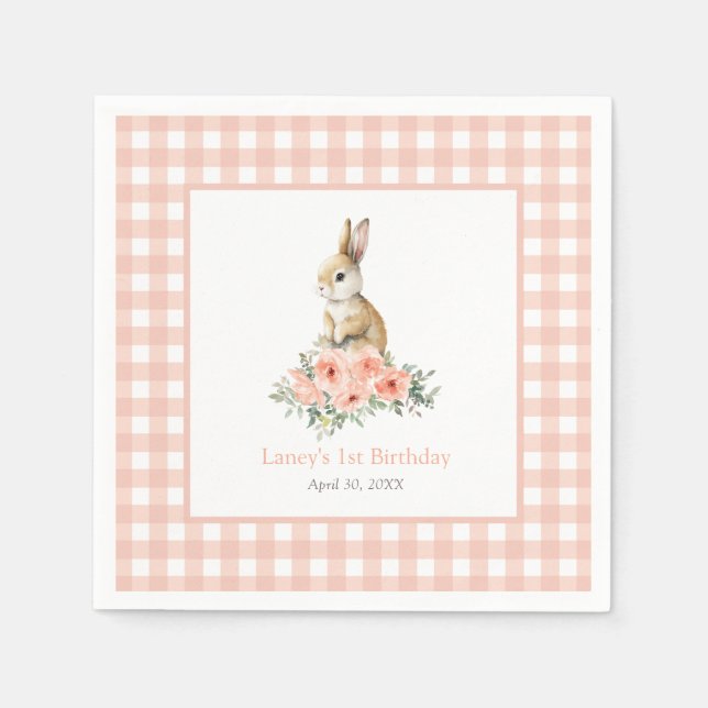 Serviette En Papier Un lapin rose floral fille Anniversaire (Devant)