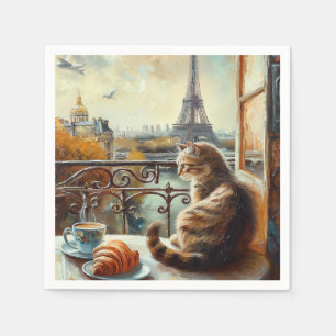 Serviette En Papier Un matin à Paris   Chat au gingembre dans un café