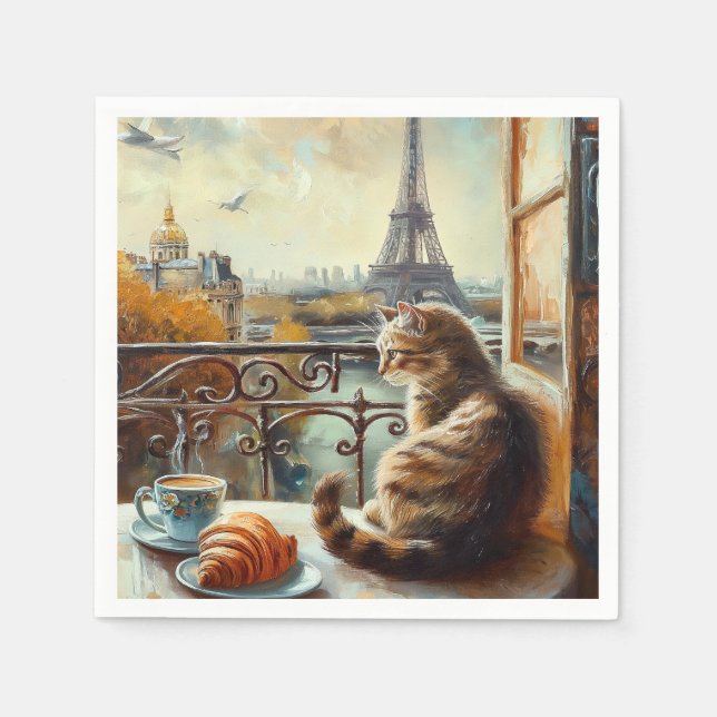Serviette En Papier Un matin à Paris | Chat au gingembre dans un café (Devant)