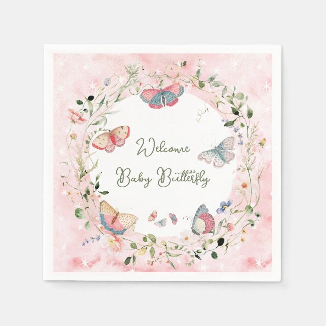 Serviette En Papier Un Papillon Bébé Est En Chemin De Baby shower (Devant)