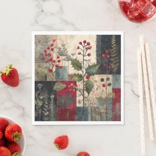 Serviette En Papier Un Patchwork Rustique d'Hiver aux Baies de Houx