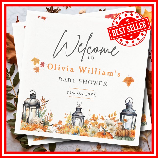 Serviette En Papier Un Petit Citrouille Automne Baby shower Floral Aut (A Little Pumpkin is on the Way Fall Autumn Floral Baby Shower Napkins )