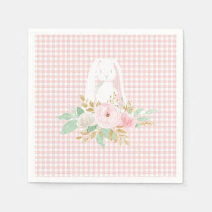 Serviette En Papier Un petit lapin a un an Fleurs roses Gingham annive